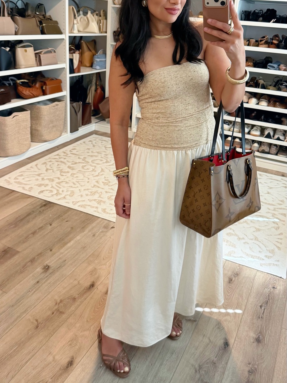 Zara NWT Strapless Two-Tone Maxi Skirt Dress in Cream and Tan